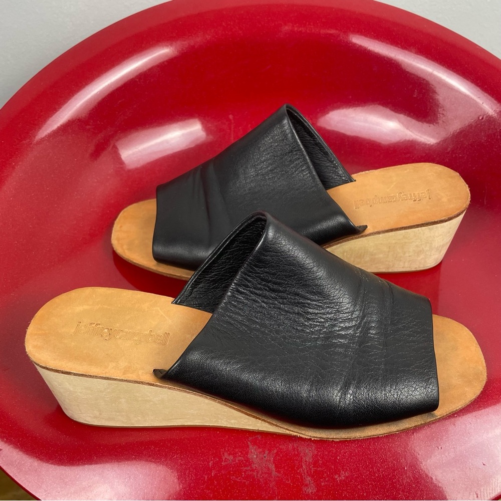 Jeffrey Campbell Platform Wedge Sandals Black Leather Wood 8.5 Minimalist Beach